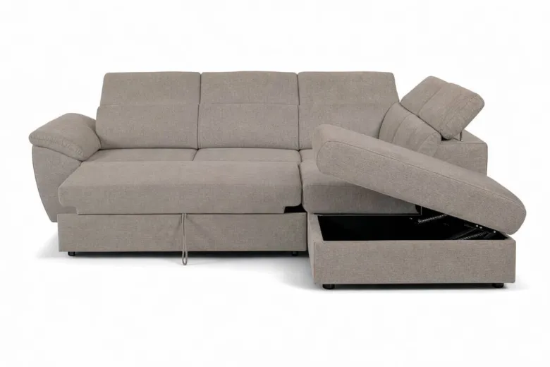 Ecksofa mit Bettfunktion und Bettkasten Greige Flachgewebe B/H/T: ca. 280x108x235 cm