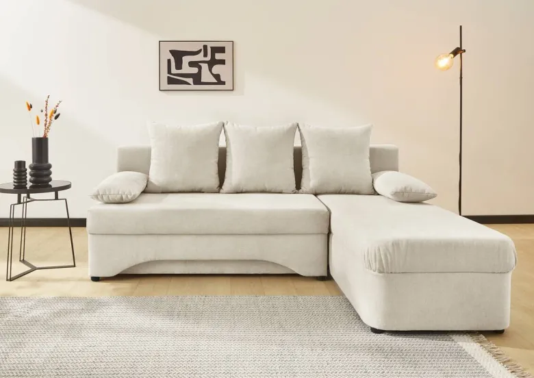 Ecksofa mit Bettfunktion und Bettkasten creme Microfaser B/H/T: ca. 191x70x142 cm