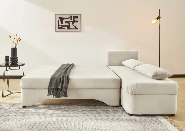 Ecksofa mit Bettfunktion und Bettkasten creme Microfaser B/H/T: ca. 191x70x142 cm