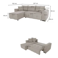 Ecksofa mit Bettfunktion und Bettkasten hellgrau Webstoff B/H/T: ca. 247x83x162 cm