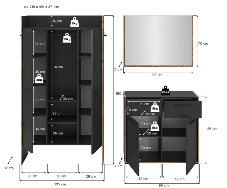 Garderobe Bueno Basalt Nox Oak Nachbildung B/H/T: ca. 215x189x37 cm