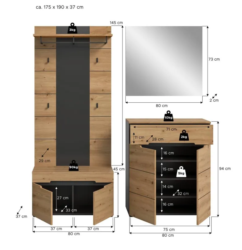 Garderobe Canu basaltgrau Nachbildung Artisan Nachbildung B/H/T: ca. 175x190x37 cm