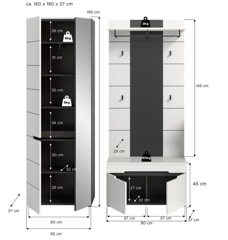 Garderobe Canu basaltgrau Nachbildung weiß B/H/T: ca. 160x190x37 cm