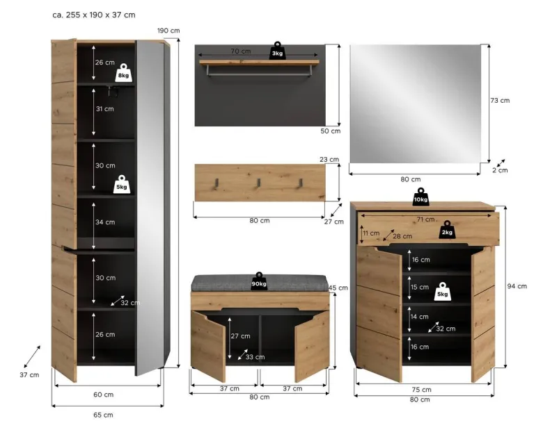 Garderobe Canu basaltgrau Nachbildung Artisan Nachbildung B/H/T: ca. 255x190x37 cm