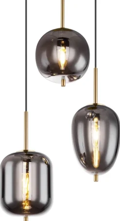 GLOBO Pendelleuchte Blacky messing Metall Rauchglas H/D: ca. 120x46 cm E14 3 Brennstellen