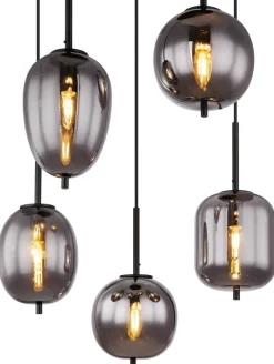 GLOBO Pendelleuchte Blacky 15345-5 schwarz natur Rauch Metall Aluminium Glas H/D: ca. 150x57,5 cm E14 5 Brennstellen