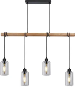 GLOBO Pendelleuchte Hadera schwarz natur Metall Holz Rauchglas B/H/T: ca. 98x130x15 cm E27 4 Brennstellen