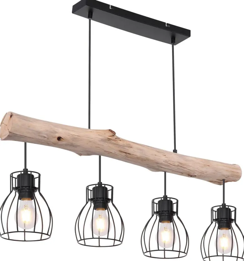 GLOBO Pendelleuchte Mina natur schwarz Holz Metall B/H: ca. 83x140 cm E27 4 Brennstellen