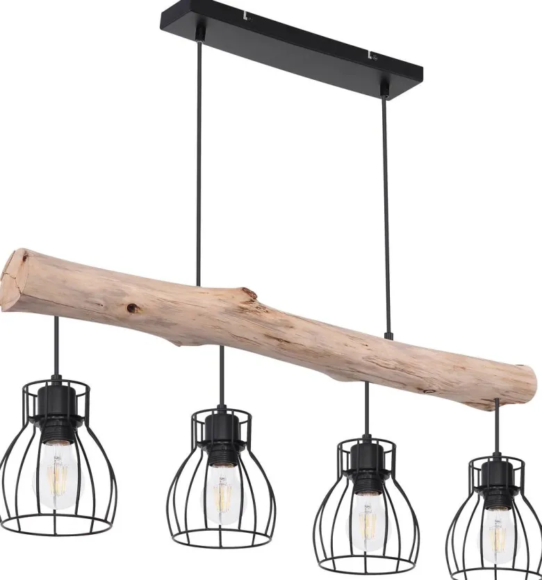 GLOBO Pendelleuchte Mina natur schwarz Holz Metall B/H: ca. 83x140 cm E27 4 Brennstellen