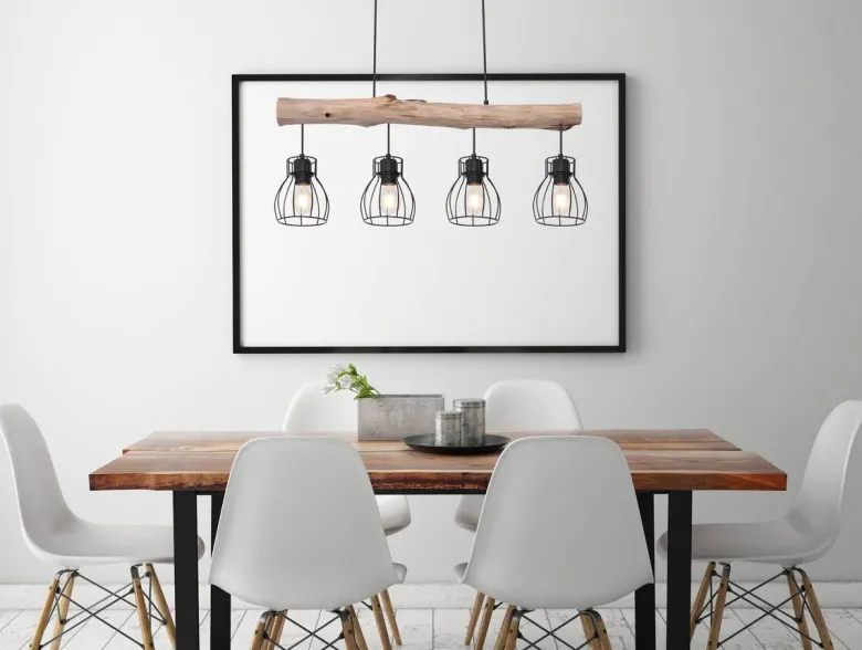 GLOBO Pendelleuchte Mina natur schwarz Holz Metall B/H: ca. 83x140 cm E27 4 Brennstellen