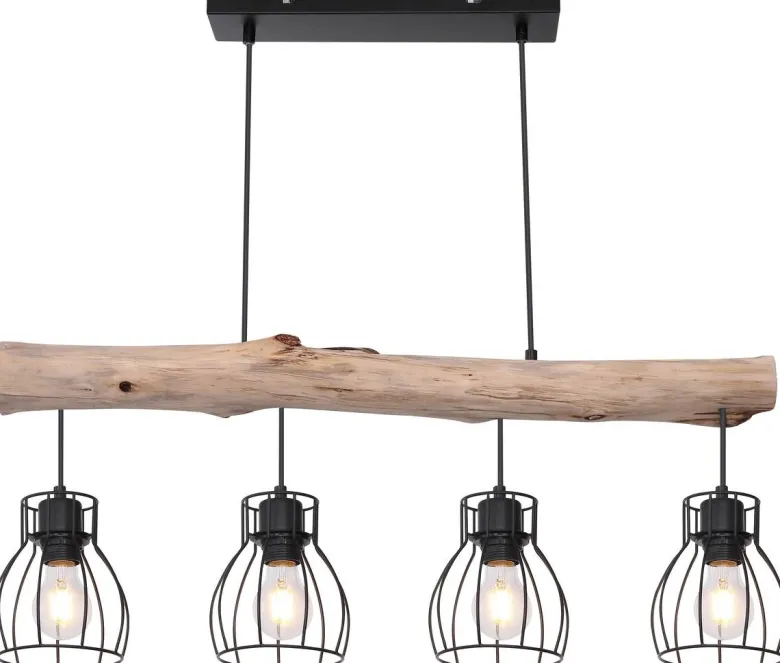 GLOBO Pendelleuchte Mina natur schwarz Holz Metall B/H: ca. 83x140 cm E27 4 Brennstellen