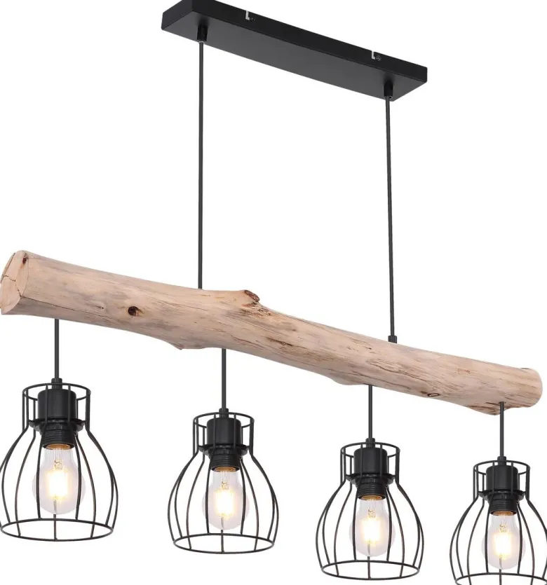 GLOBO Pendelleuchte Mina natur schwarz Holz Metall B/H: ca. 83x140 cm E27 4 Brennstellen