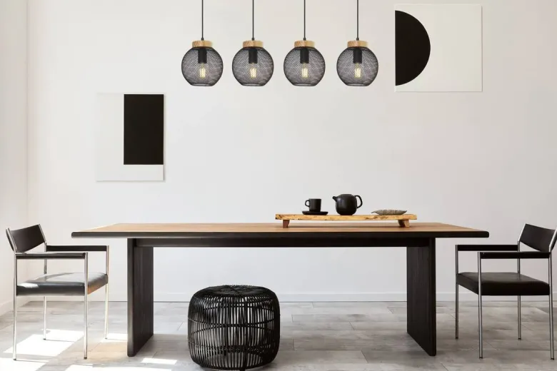 GLOBO Pendelleuchte Pablo mattschwarz natur Metall Holz B/H/T: ca. 95x120x20 cm E27 4 Brennstellen