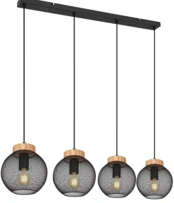GLOBO Pendelleuchte Pablo mattschwarz natur Metall Holz B/H/T: ca. 95x120x20 cm E27 4 Brennstellen