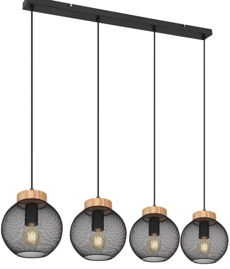 GLOBO Pendelleuchte Pablo mattschwarz natur Metall Holz B/H/T: ca. 95x120x20 cm E27 4 Brennstellen