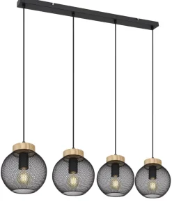 GLOBO Pendelleuchte Pablo mattschwarz natur Metall Holz B/H/T: ca. 95x120x20 cm E27 4 Brennstellen