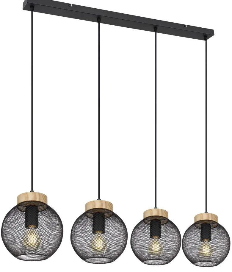 GLOBO Pendelleuchte Pablo mattschwarz natur Metall Holz B/H/T: ca. 95x120x20 cm E27 4 Brennstellen