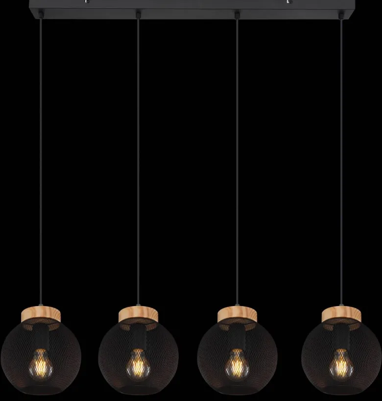 GLOBO Pendelleuchte Pablo mattschwarz natur Metall Holz B/H/T: ca. 95x120x20 cm E27 4 Brennstellen