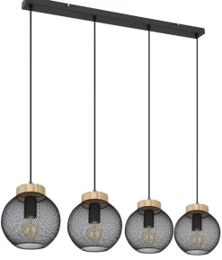 GLOBO Pendelleuchte Pablo mattschwarz natur Metall Holz B/H/T: ca. 95x120x20 cm E27 4 Brennstellen