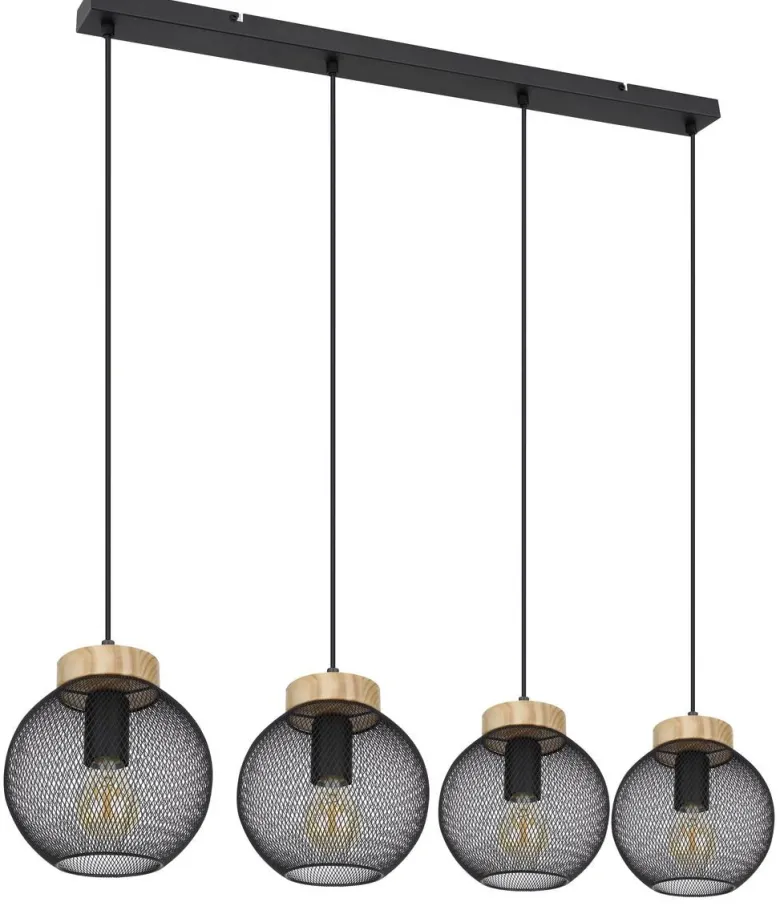 GLOBO Pendelleuchte Pablo mattschwarz natur Metall Holz B/H/T: ca. 95x120x20 cm E27 4 Brennstellen