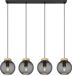 GLOBO Pendelleuchte Pablo mattschwarz natur Metall Holz B/H/T: ca. 95x120x20 cm E27 4 Brennstellen
