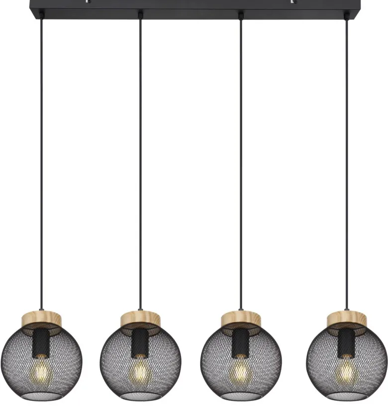 GLOBO Pendelleuchte Pablo mattschwarz natur Metall Holz B/H/T: ca. 95x120x20 cm E27 4 Brennstellen