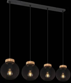 GLOBO Pendelleuchte Pablo mattschwarz natur Metall Holz B/H/T: ca. 95x120x20 cm E27 4 Brennstellen