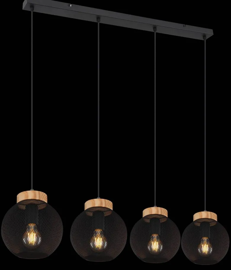 GLOBO Pendelleuchte Pablo mattschwarz natur Metall Holz B/H/T: ca. 95x120x20 cm E27 4 Brennstellen