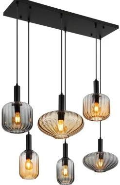 GLOBO Pendelleuchte schwarz Rauch amber Metall Glas PVC B/H/L: ca. 47x150x100 cm E27 6 Brennstellen