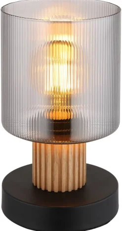 GLOBO Tischleuchte schwarz Rauch dunkelbraun Glas Holz Metall H/D: ca. 21x12 cm E27 1 Brennstellen