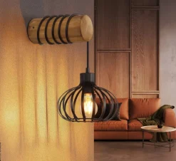 GLOBO Wandleuchte schwarz braun Metall Holz B/H: ca. 20x59 cm E27 1 Brennstellen