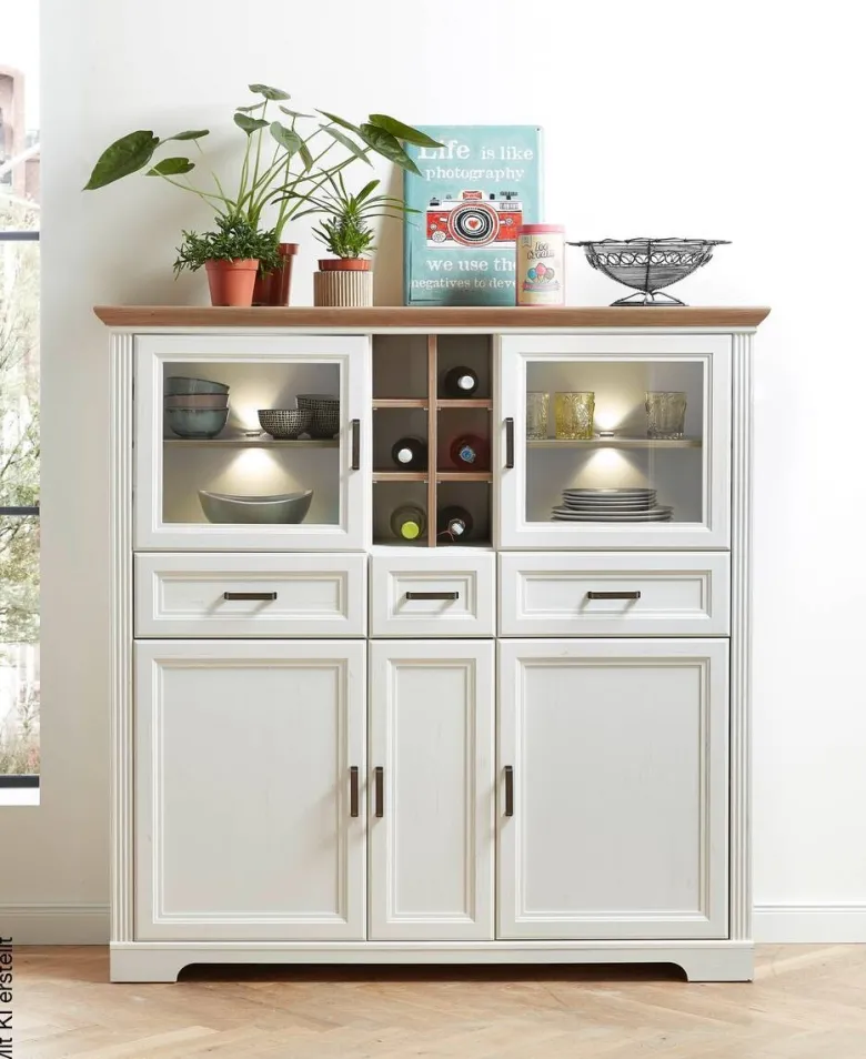 Highboard Jasmin weiß Pinie Nachbildung Eiche Artisan Nachbildung B/H/T: ca. 143x150x42 cm