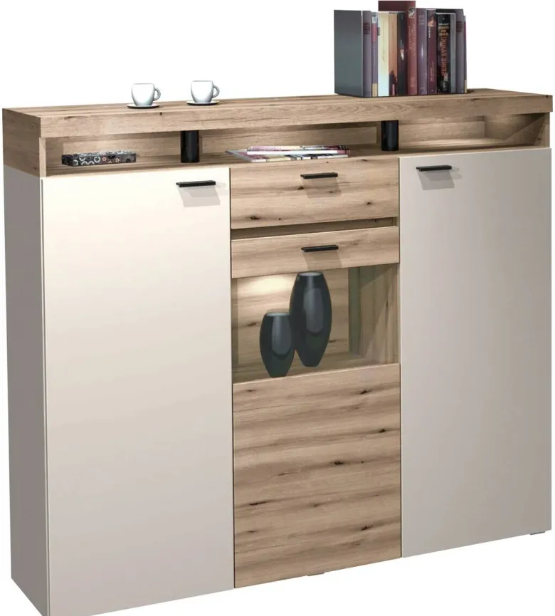 Highboard Strada weiß Eiche Viking Optik Spanplatte B/H/T: ca. 151x129x37 cm