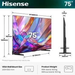 Hisense QLED-Fernseher 75E7S B/H: ca. 167x100 cm