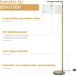 HOMCOM Stehlampe weiß gold Stahl Leinen B/H/T: ca. 37x153x37 cm