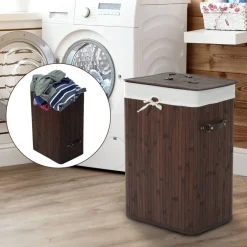 HOMCOM Wäschekorb mit 2 Tragegriffen dunkelbraun Bambus Stoff Kunststoff B/H/L: ca. 30x60x40 cm