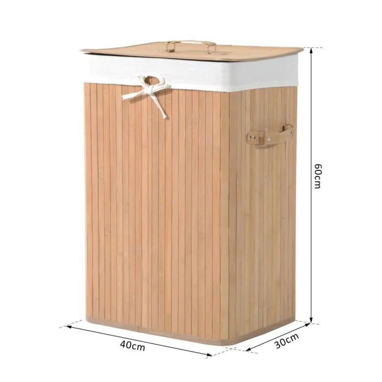 HOMCOM Wäschekorb mit 2 Tragegriffen natur Bambus Stoff Kunststoff B/H/L: ca. 30x60x40 cm