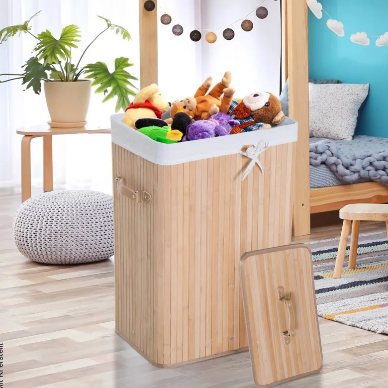 HOMCOM Wäschekorb mit 2 Tragegriffen natur Bambus Stoff Kunststoff B/H/L: ca. 30x60x40 cm