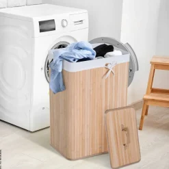 HOMCOM Wäschekorb mit 2 Tragegriffen natur Bambus Stoff Kunststoff B/H/L: ca. 30x60x40 cm