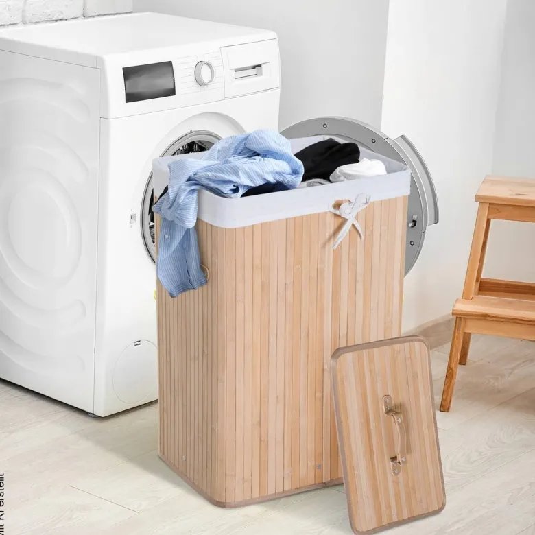 HOMCOM Wäschekorb mit 2 Tragegriffen natur Bambus Stoff Kunststoff B/H/L: ca. 30x60x40 cm