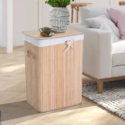 HOMCOM Wäschekorb mit 2 Tragegriffen natur Bambus Stoff Kunststoff B/H/L: ca. 30x60x40 cm