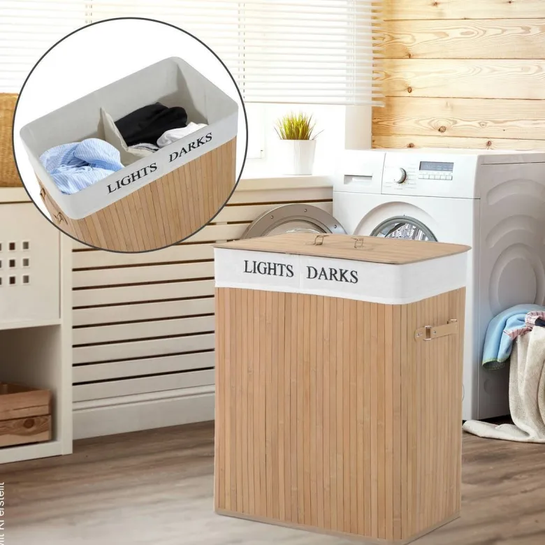 HOMCOM Wäschekorb mit 2 Tragegriffen natur Bambus Stoff Kunststoff B/H/L: ca. 32x63x52 cm