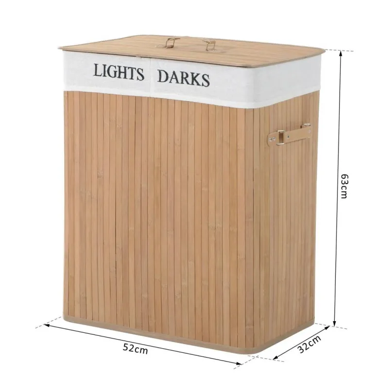 HOMCOM Wäschekorb mit 2 Tragegriffen natur Bambus Stoff Kunststoff B/H/L: ca. 32x63x52 cm