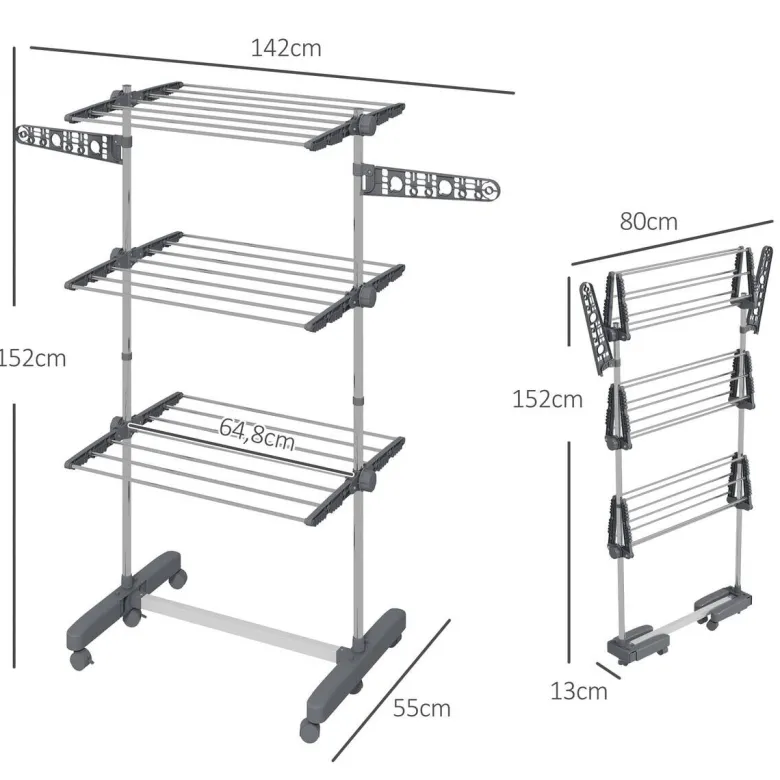 HOMCOM Wäscheständer grau Edelstahl B/H/L: ca. 55x142x152 cm