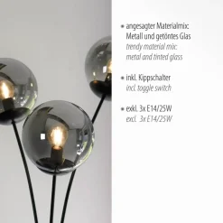 Just Light Stehlampe BIG WIDOW 14603-18 schwarz Rauchglas Metall B/H: ca. 35x185 cm E14 3 Brennstellen