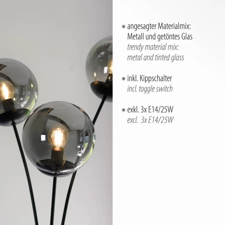 Just Light Stehlampe BIG WIDOW 14603-18 schwarz Rauchglas Metall B/H: ca. 35x185 cm E14 3 Brennstellen
