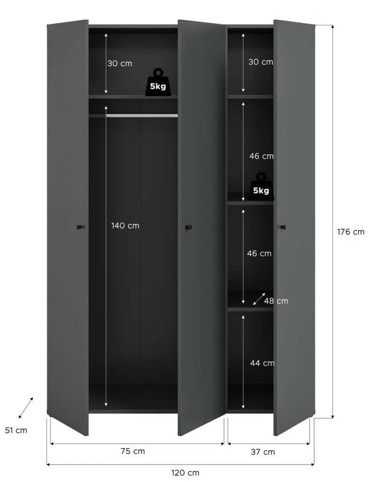 Kleiderschrank DARWIN anthrazit B/H/T: ca. 120x176x51 cm