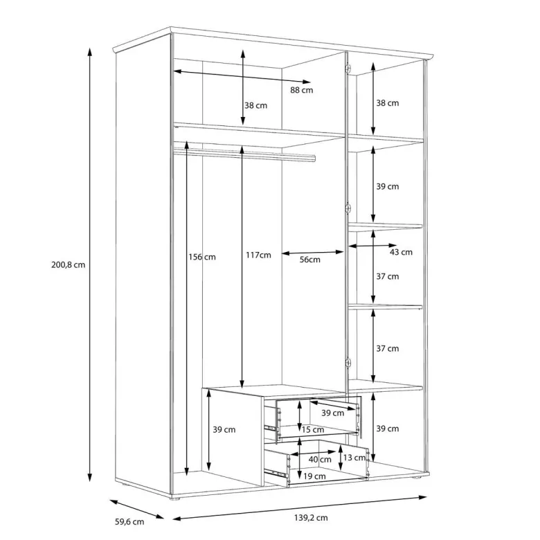 Kleiderschrank Eiche Sonoma Nachbildung B/H/T: ca. 139,2x200,8x59,6 cm