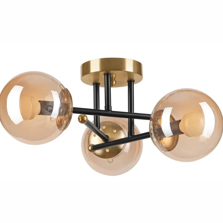 Lamkur Deckenleuchte Malena schwarz gold Glas Holz Kunststoff H/L: ca. 19x39 cm E14 3 Brennstellen
