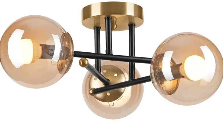Lamkur Deckenleuchte Malena schwarz gold Glas Holz Kunststoff H/L: ca. 19x39 cm E14 3 Brennstellen